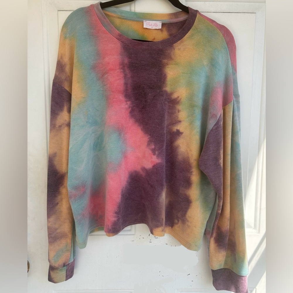 Tie Dye long sleeve crew shirt slouchy pullover L Rainbow Pink Purple Blue Green